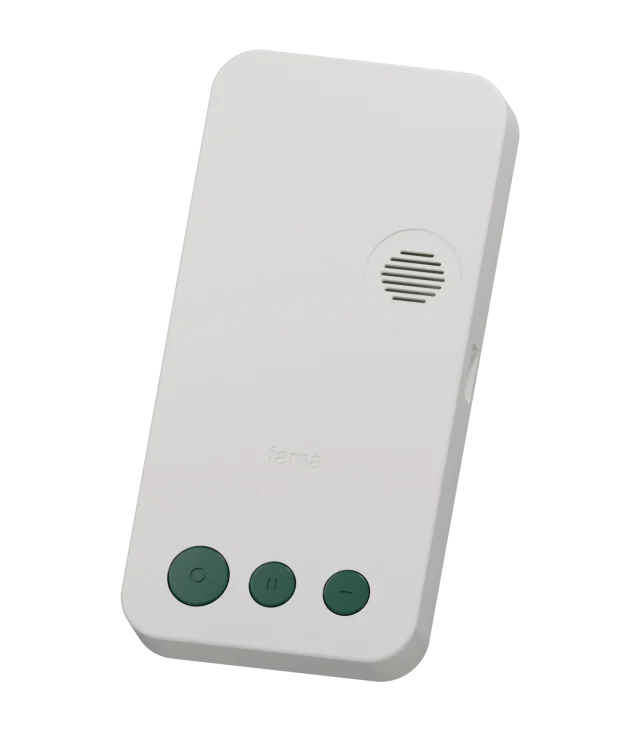 FAMA compact handheld in Milk, with a circular speaker and three forest-green tactile controls