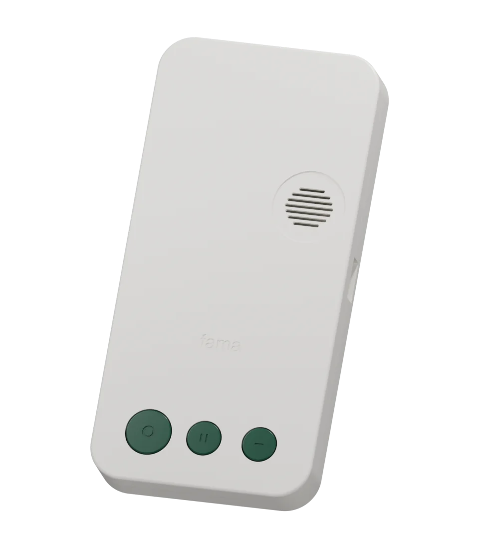 Front three-quarter view of FAMA in Milk, showing the speaker grille and three tactile controls
