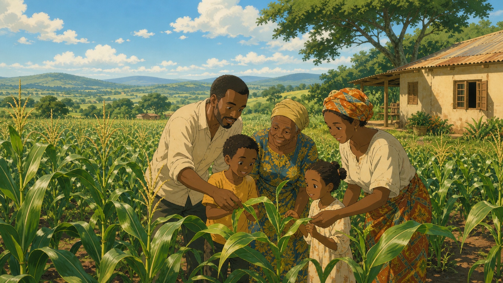 Hand-painted animated landscape of a multigenerational African household examining maize leaves together on their farm